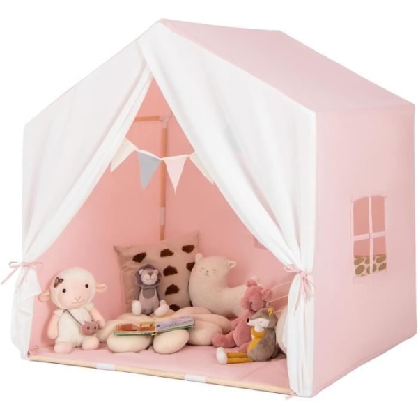 COSTWAY Lektält för 3 - 4 barn 131 x 91 x 131 CM, mjuk bomullsmatta inomhus och utomhus, åldrarna 3+ Rosa Rosa