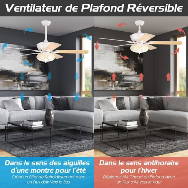 COSTWAY Loftsventilator med LED lys 132 cm vendbar motor 5 blade, 3 hastigheder, Timer dekoration Retro Style Hvid Vit