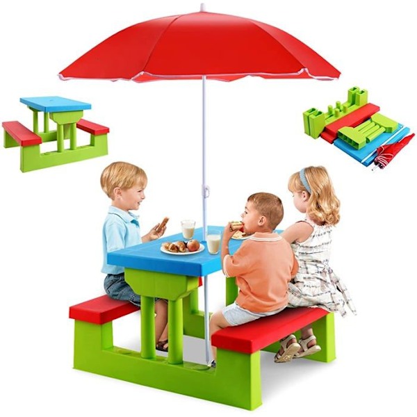 COSTWAY Børnehavemøbelbord og 2 bænke med parasol til picnic for op til 4 børn Grøn+Rød+Bl. Grön+Röd+Blå