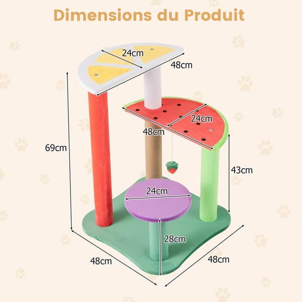 COSTWAY 69CM Multi-Level Cat Tree, Cute Cat Tower, Frugtformede platforme, Strawberry Hængebold, Kradsestolpe Multifarvet