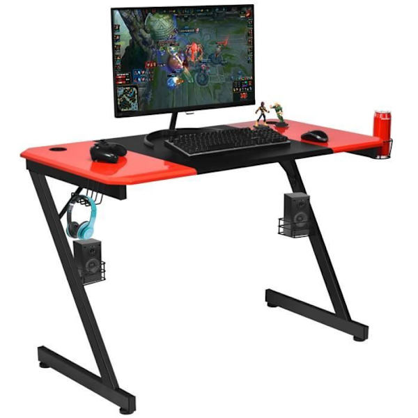 COSTWAY Gaming Desk 120X60X76CM Carbon Fiber Gaming Desk med kopholder, krog til hovedtelefoner og lydstativer röd och svart