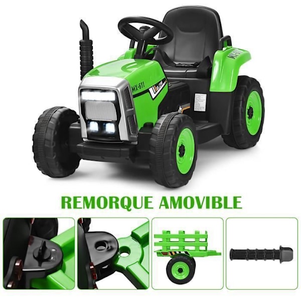 COSTWAY elektrisk traktor til børn 12V 3 hastigheder - Trailer og 2,4G fjernbetjening, LED-belysning, Horn, Grøn USB-port Grön