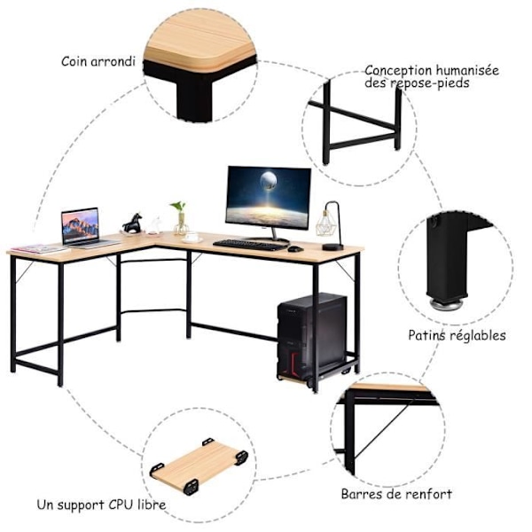 COSTWAY stort hjørneskrivebord L168 x B125 x H74CM - Op til 3 computere med CPU-understøttelse Industriel stil, naturmetalstruktur Naturlig