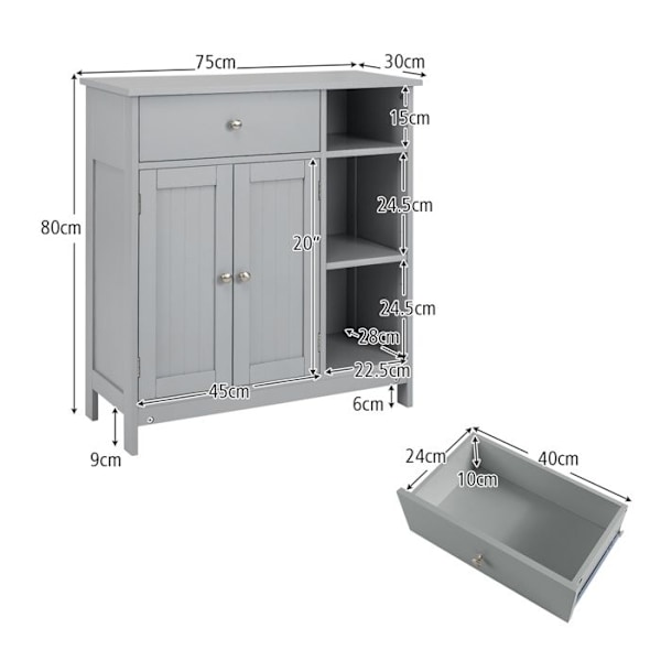 COSTWAY Badrumsinredning med 1 Stor Låda, 2 Dörrar och Justerbar Hylla, för Badrum, Vardagsrum, Sovrum, Grå Grå