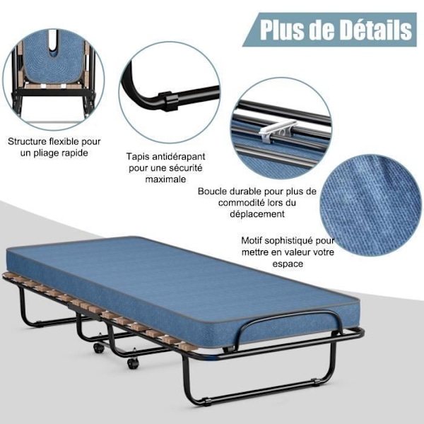 COSTWAY Foldeseng på hjul, 80 x 190 CM, Ekstraseng med 6,5 CM skummadras til hjemmet og kontoret, blå
