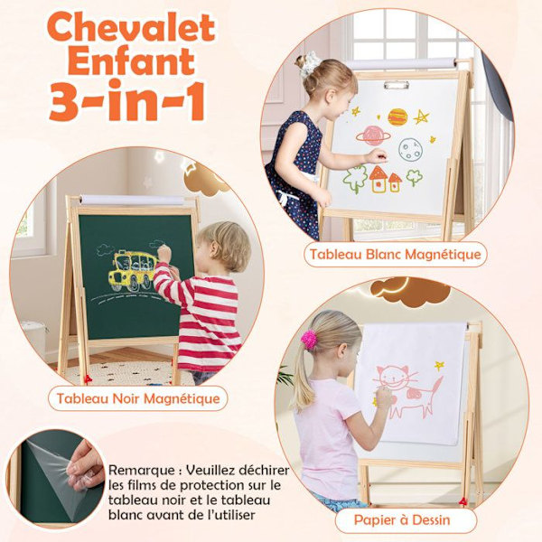 COSTWAY Kunstnerstaffeli 3 i 1 - Magnetisk Tavle i Sort & Hvid - Justerbar Højde & Papirrulle til Børn fra 3-10 År