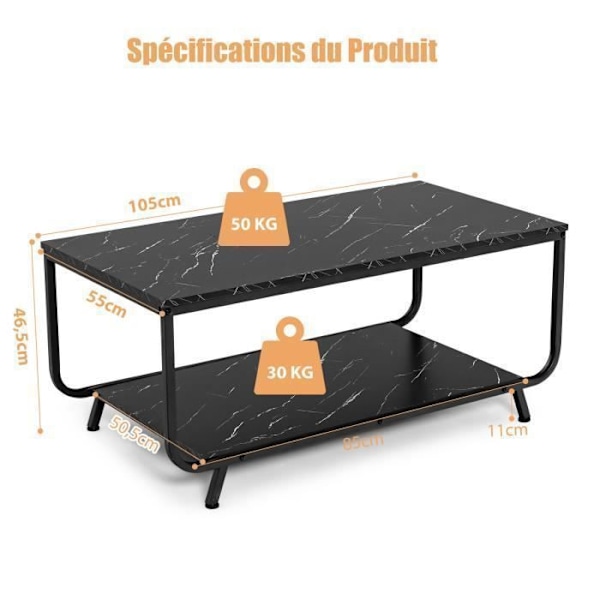 COSTWAY Sofabord med 2 niveauer og marmorlook, 105x55x46,5 CM, moderne rektangulært metalbord i sort