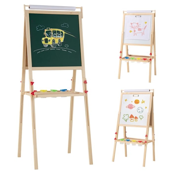 COSTWAY Kunstnerstaffeli 3 i 1 - Magnetisk Tavle i Sort & Hvid - Justerbar Højde & Papirrulle til Børn fra 3-10 År