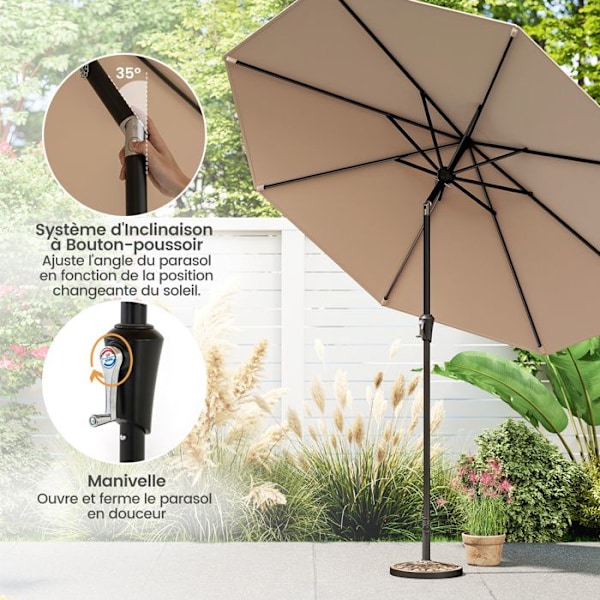 Parasol Déporté 35°270 CM - COSTWAY - UV-skydd 30+ Knapptrycksvinkling - 8 Spännare för Trädgård Patio, Strand Brun