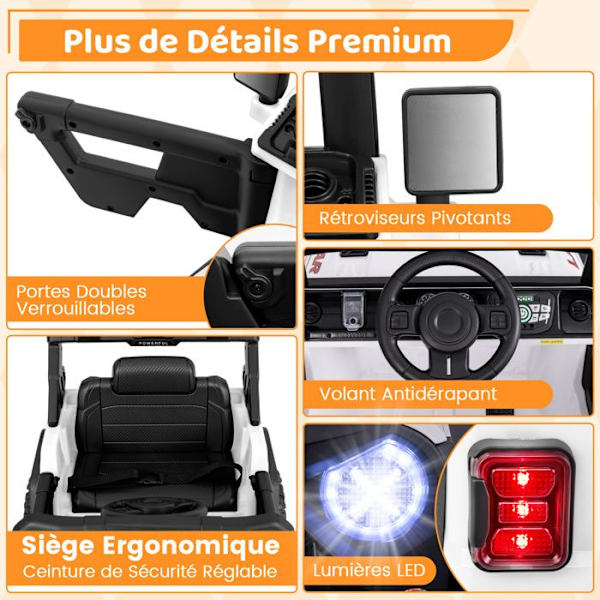 COSTWAY 12V lasten sähköauto, 2.4G kaukosäädin, 3 nopeutta ja jousitus, LED, USB, musiikki, valot, valkoinen