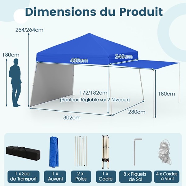Tält Pop-up 430 x 280 cm - COSTWAY - 2 Konvertibla Sidoväggar till Markis - Bärbart och Fällbart Solskydd Utomhus Blå