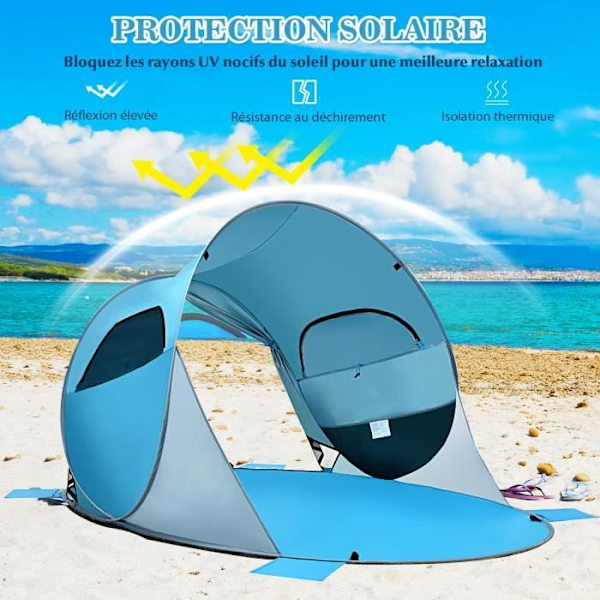 COSTWAY Omedelbar automatiskt fällbart pop-up strandtält 3-4 personer Anti UV med 8 sardiner 4 ankarrep Blå Blå