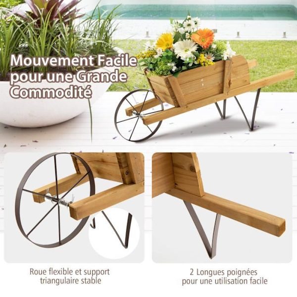 COSTWAY Dekorativ Trillebør i Træ til Planter med Fleksibel Hjul, 9 Magnetiske Tilbehør, 2 Lange Hænder Have, Terrasse Beige