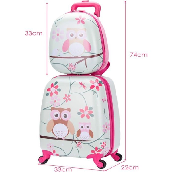 Trolleykuffert til børn - COSTWAY - Sødt uglemønster - Pink - ABS - 4 hjul Grönt och rosa