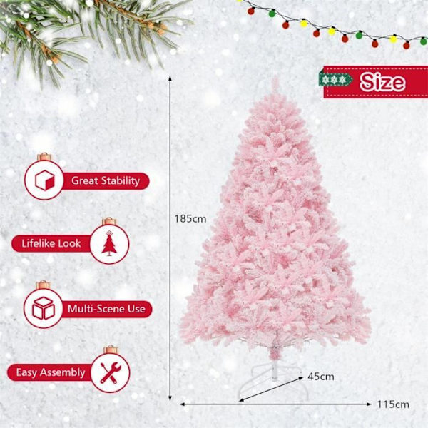 COSTWAY Flocked kunstigt juletræ 185 cm 350 LED-lys i 4 farver og 8 dynamiske tilstande med 808 lyserøde PVC-grene Rosa