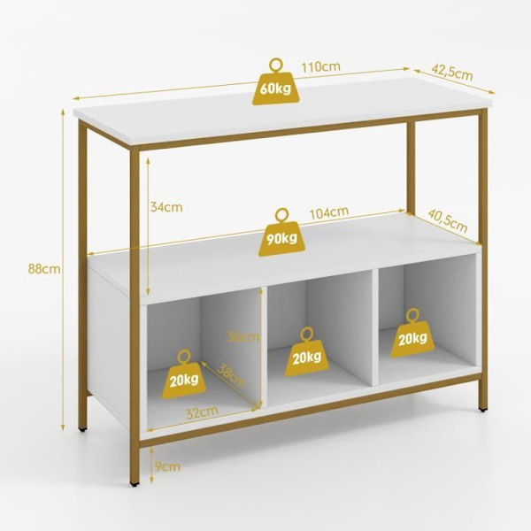 COSTWAY Köksskänk - 3 fack, 2 hyllor och metallram - 110x42,5x88 CM - Låg skänk - Vardagsrum, Matsal - Vit