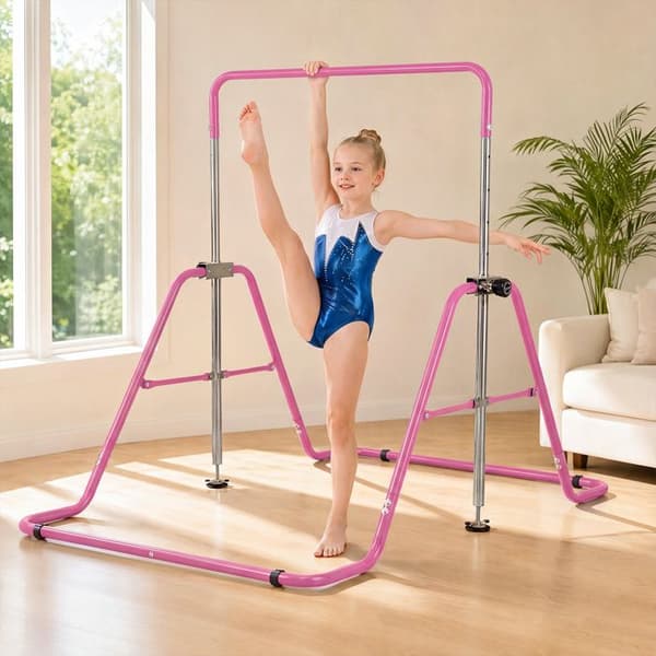 COSTWAY Fällbar Gymnastikstång för Barn, Stor Stabil Triangulär Struktur, 5 Höjder, Kompatibel med Gunga, 65 kg, Rosa