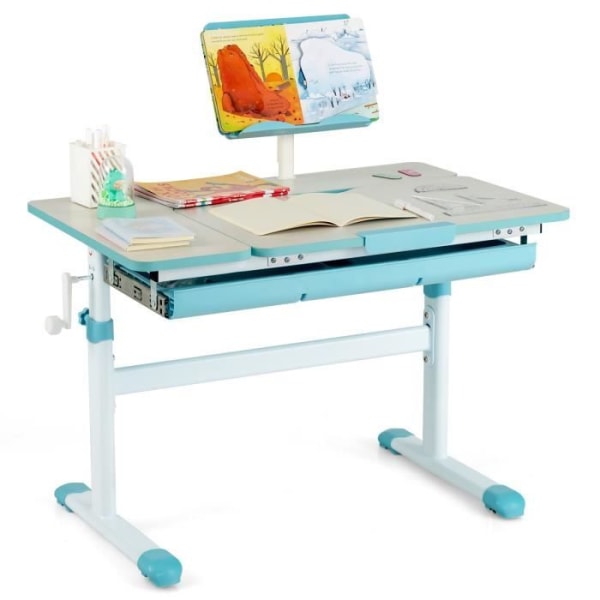 COSTWAY skrivbord för barn 3-12 år - Höjdjusterbar 51-73 cm &amp; lutbar topp 0-60° - med bokstöd &amp; låda, blå