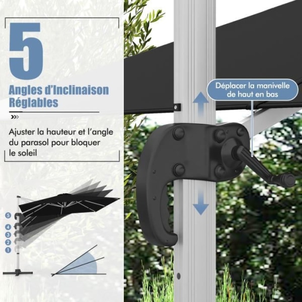 COSTWAY 3 m firkantet forskudt parasol med krydsstangsbase, aluminium 360° drejelig vippearm 8 ribber, sort