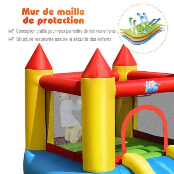 COSTWAY Uppblåsbar lekplats för barn med blåsare 380W, rutschkana, vattenhoppningsområde-Polyesterbollbassängbelastning 68KG