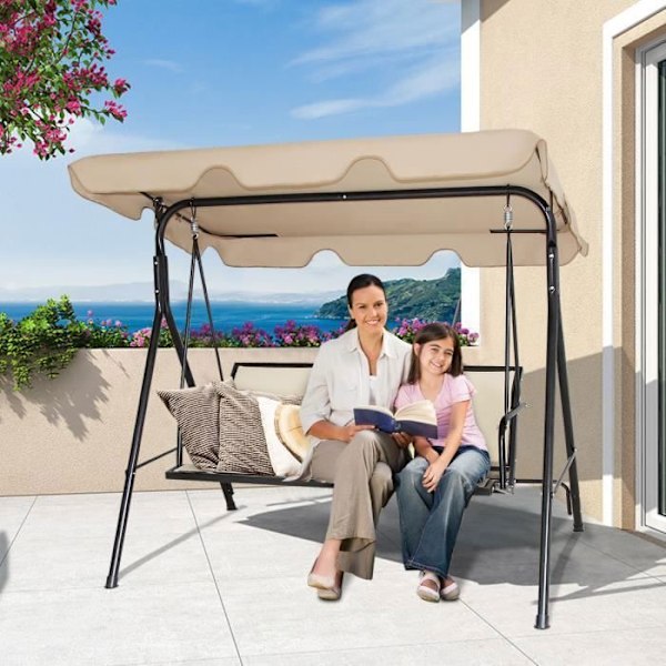 COSTWAY Havemøbel 3 Sæder i Polyester og Stål med Justerbart UV-Beskyttende Tag til Balkon, Terrasse 170 x 110 x 150CM