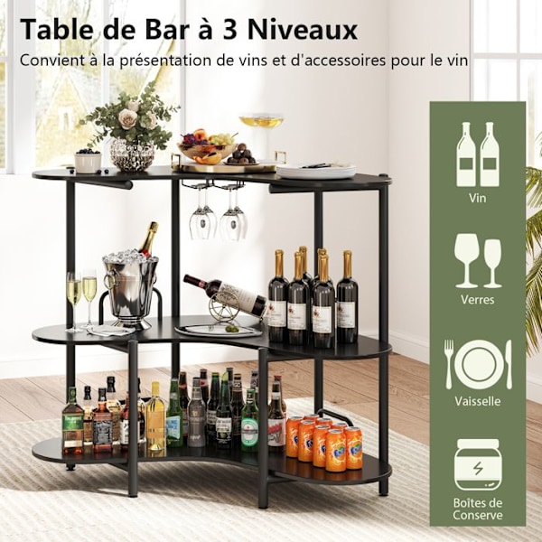 Barbord med 3 niveauer - COSTWAY - Glasholdere - Industrielle opbevaringshylder - Metalramme, sort