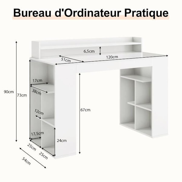COSTWAY computerbord 120 x 54 x 90 CM med hævet hylde og 2 reoler, klassisk design til kontor, hvid