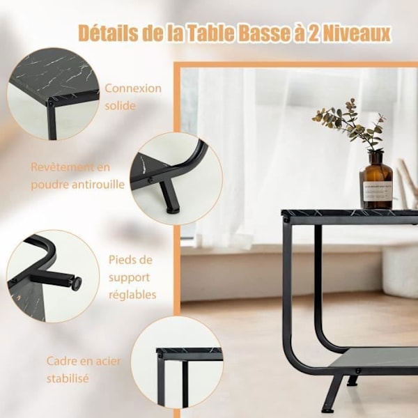 COSTWAY Sofabord med 2 niveauer og marmorlook, 105x55x46,5 CM, moderne rektangulært metalbord i sort
