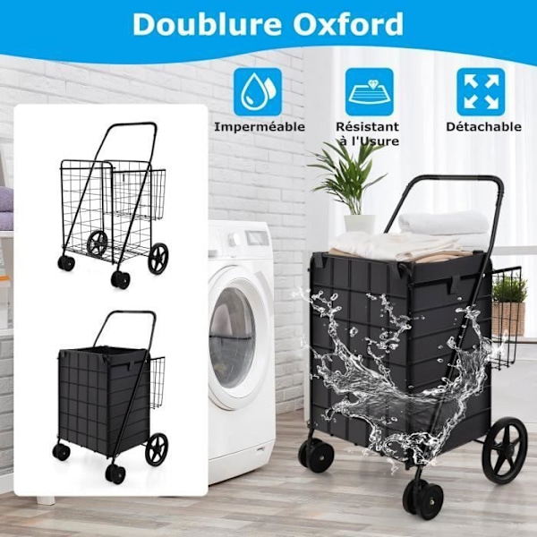 COSTWAY-2 Indkøbskurv Indkøbsvogn (100L+22L)-Vandtæt Oxford Taske-Foldbar Indkøbsvogn 4 Hjul 2 Drejelig 360°-Kapacitet 40KG-Sort