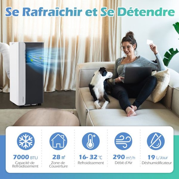 COSTWAY 4 i 1 R290 Bärbar Luftkonditionering 7000BTU, Kylfläkt Avfuktare, 24H Timer, Fjärrkontroll, för 28㎡ Svart