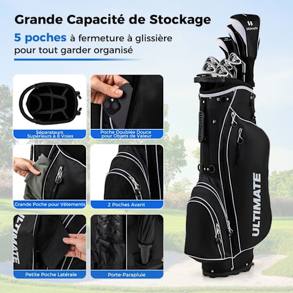 COSTWAY Golfbag Stativ för Män - 10-delat Golfset - 3 Fodral Justerbara Remmar Vikter på Klubbor - Svart
