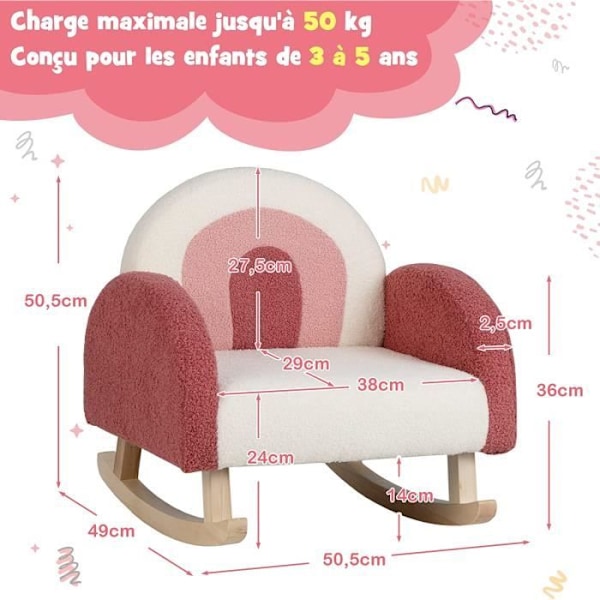 COSTWAY Baby Child Rocker-soffa, med antirullande poppelträben, 3 till 5 år gammal, röd rosa och vitt