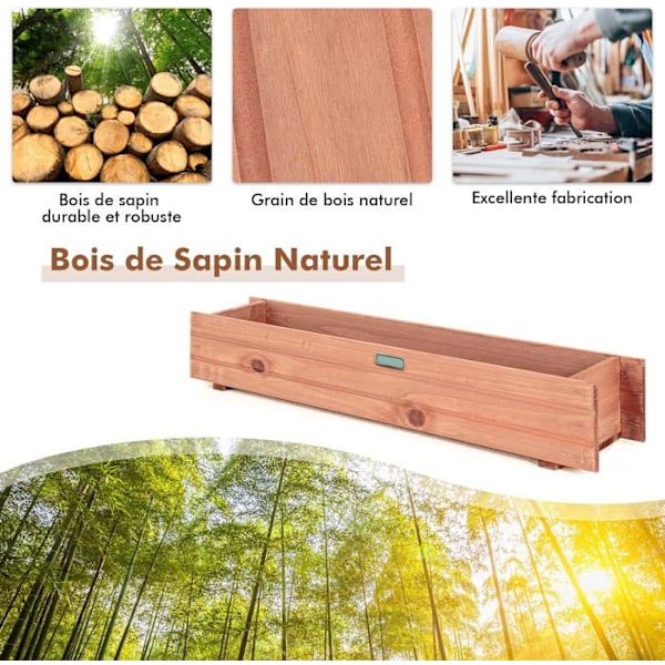 COSTWAY Föroljad granträ rektangulär planteringskar 91,5x18x16 CM Blomlåda med naturligt träsäd för trädgård/balkong kastanj