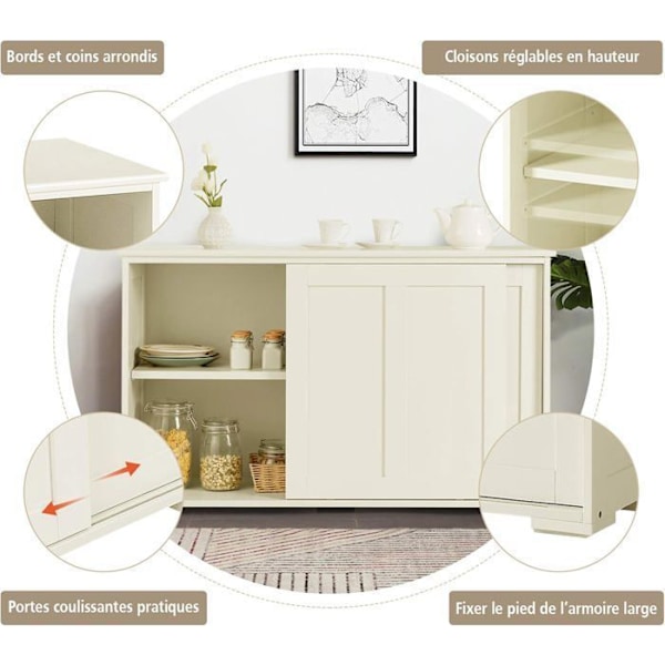 Contemporary Low Sideboard - Sideboard - Glansigt Vitlackerad - Skjutdörrar - 2 MDF-hyllor Beige