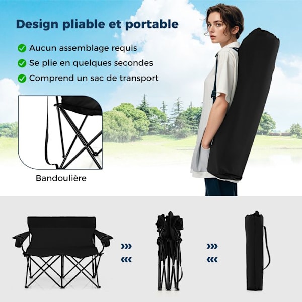 COSTWAY Havebord Foldbar 2 Personer, Kopholder, Transporttaske, til Camping Strand Fiskeri Rejse, Belastning 300 kg, Sort Svart