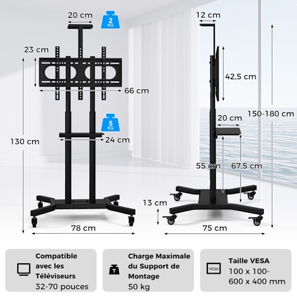 COSTWAY mobilt tv-stativ til flade og buede tv'er 32" til 70", justerbar tv-vogn med hjul, 600 x 400 mm, 50 kg