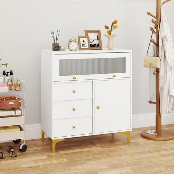 COSTWAY Kommode med Snoet Glasdør og 3 Skuffer, til Soveværelse, Stue, 80x40x95,5 cm, Hvid Vit