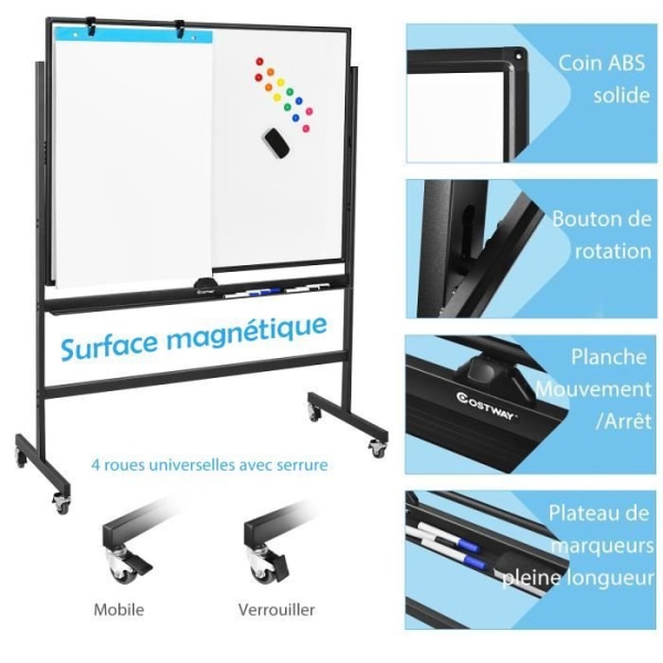 COSTWAY Fristående Whiteboard 360° Vändbar 90x120cm med 4 hjul Höjdjusterbara torrradsmagneter 6 markörer