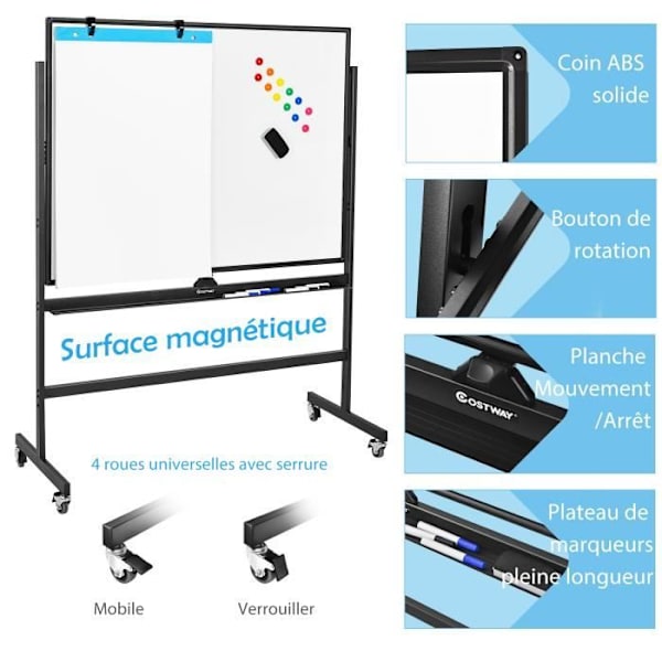 COSTWAY Fritstående tavle 360° Vendbar 90x120 cm med 4 hjul Højdejusterbare tørsletningsmagneter 6 markører