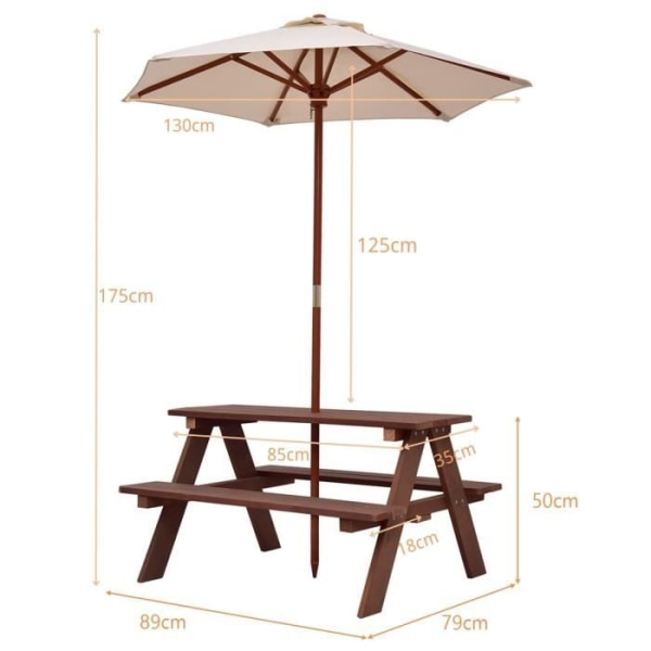 COSTWAY bord og 2 havebænke med gran børneparasol picnic bord til 4 børn, beige + brun Beige + Brun