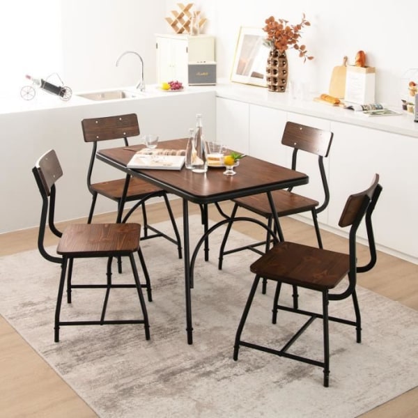 COSTWAY köksbordsset 1 bord och 4 stolar i industriell stil, rustik brun restaurang matsalsmöbler
