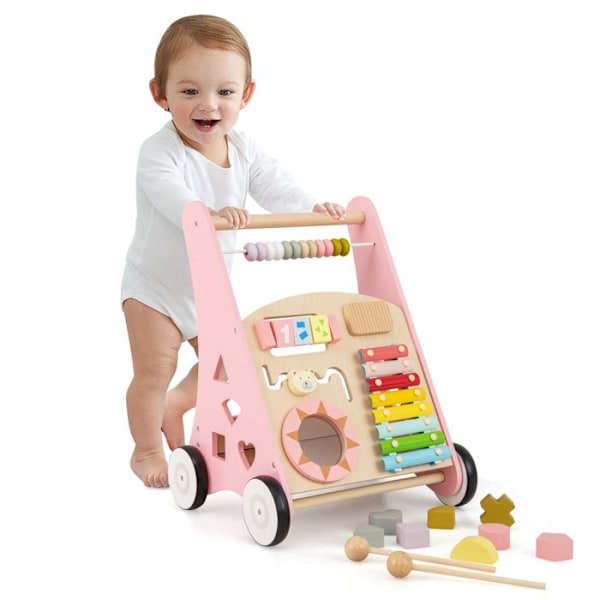 COSTWAY 7 i 1 Gåvagn i trä med förvaringslåda, 8 block och 1 klubba, Montessori-leksak, 1 år+ Rosa Rosa