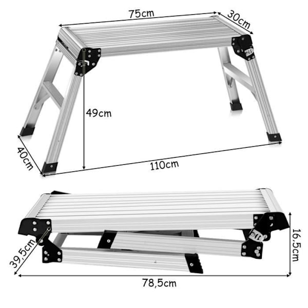 COSTWAY Step Jakkara Taitettava alumiininen jakkara 110 x 40 x 49 cm liukumattomalla pinnalla ja 150 kg:n työtasolla.