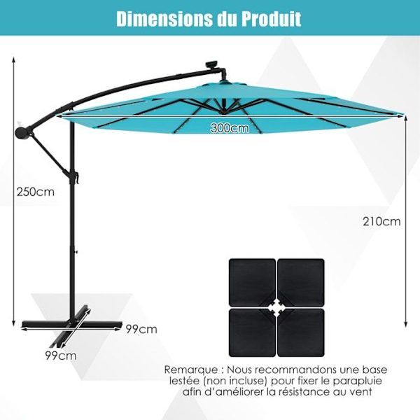 COSTWAY Parasoller med Udtræk φ300x250cm - 40 LED Krydsbase - Vinkeljustering 0 til 35 ° - Vippestang - 360° Rotation - Turkis