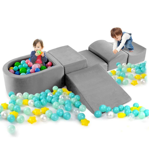 COSTWAY Foam Building Blocks - för barn i åldrarna 3+ - 5 stycken - Maskintvättbara överdrag med dragkedjor - Grå