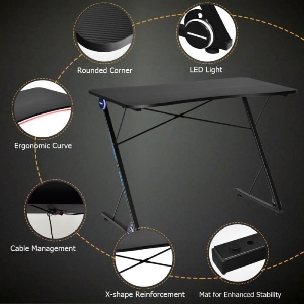 COSTWAY Gamer Desk -pelipöytä LED-valolla Z-muotoinen 110X60X78CM, kaapelinhallinta Hiilikuitupintakuorma 60KG