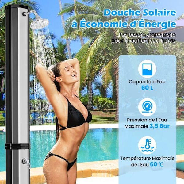 COSTWAY 60L aurinkosuihku ulkona - 227cm - Kääntyvä suihkupää - Matalalämpötilahana Max 60 ℃ - Suojakansi Musta + hopea