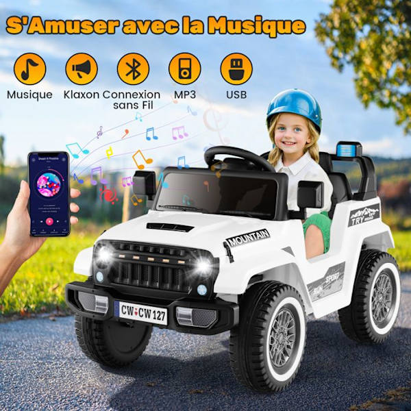 COSTWAY Elbil til børn-Fjernbetjening-12 V-3+ år-Blød start-3 hastigheder-SD/USB-lyd og LED-2 til 5 km/t-Hvid