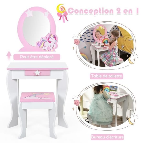 COSTWAY Sminkbord för barn Sminkbord med pall, avtagbar spegel och 1 Princess Style förvaringslåda Vit