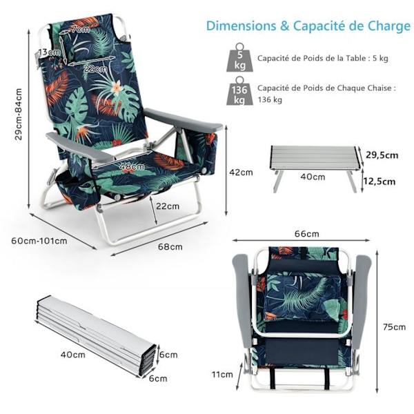 COSTWAY Ensemble 3-pc med 2 Klapstole og Rullbart Bord, Hovedpude, Justerbar Ryg i 5 Positioner, Blomsterdesign